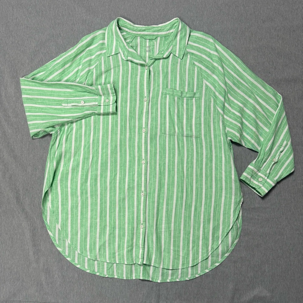 Aerie Oversized Linen Blend Green Striped Tunic Shirt S Coastal-Inspired